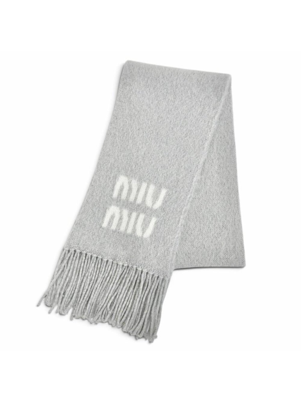 Miu Miu Mohair Wool Blend Logo Fringe Long Scarf Gray White